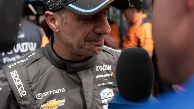 Arrow McLaren SP driver Tony Kanaan (66) gets emotional as he's interviewed Sunday, May 28, 2023, after finishing 16th in the 107th running of the Indianapolis 500 at Indianapolis Motor Speedway.