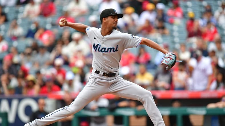 May 28, 2023; Anaheim, California, USA; Miami Marlins starting pitcher Eury Perez (39) throws against the Los Angeles Angels during the fourth inning at Angel Stadium. Mandatory Credit: Gary A. Vasquez-USA TODAY Sports