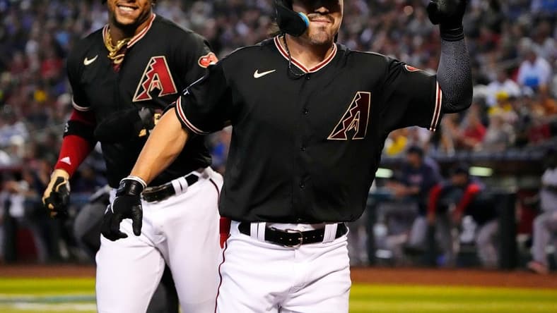 May 28, 2023; Phoenix, AZ, USA; Arizona Diamondbacks Corbin Carroll (7) reacts after hitting a two-run home run against the Boston Red Sox in the first inning at Chase Field. Mandatory Credit: Rob Schumacher-Arizona Republic