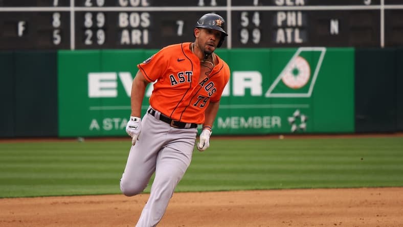 May 28, 2023; Oakland, California, USA; Houston Astros first baseman Jose Abreu (79) runs the bases on a solo home run against the Oakland Athletics during the eighth inning at Oakland-Alameda County Coliseum. Mandatory Credit: Kelley L Cox-USA TODAY Sports