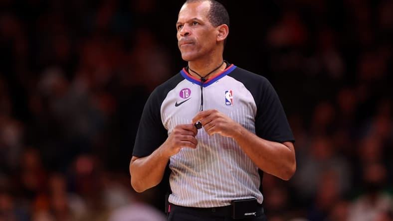 Feb 1, 2023; Phoenix, Arizona, USA; NBA referee Eric Lewis  during the Atlanta Hawks game against the Phoenix Suns at Footprint Center. Mandatory Credit: Mark J. Rebilas-USA TODAY Sports