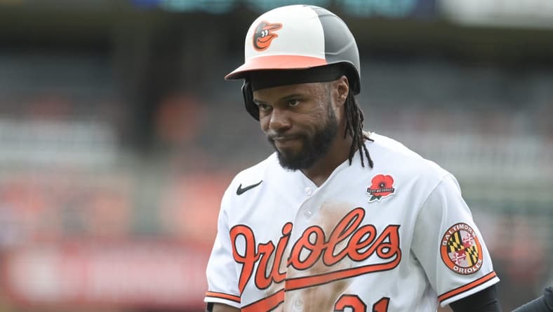 May 29, 2023; Baltimore, Maryland, USA; Baltimore Orioles center fielder Cedric Mullins (31) reacts after being removed from the game durng the ninth inning against the Cleveland Guardians  at Oriole Park at Camden Yards. Mandatory Credit: Tommy Gilligan-USA TODAY Sports