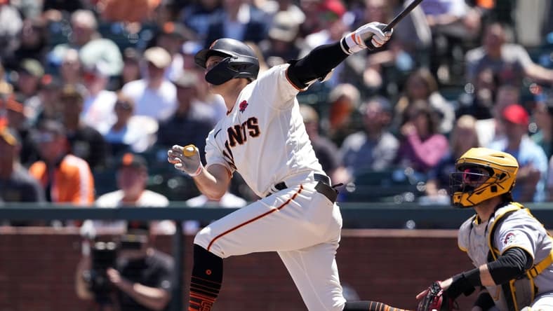 May 29, 2023; San Francisco, California, USA; San Francisco Giants second baseman Casey Schmitt (6) hits a double against the Pittsburgh Pirates during the second inning at Oracle Park. Mandatory Credit: Darren Yamashita-USA TODAY Sports