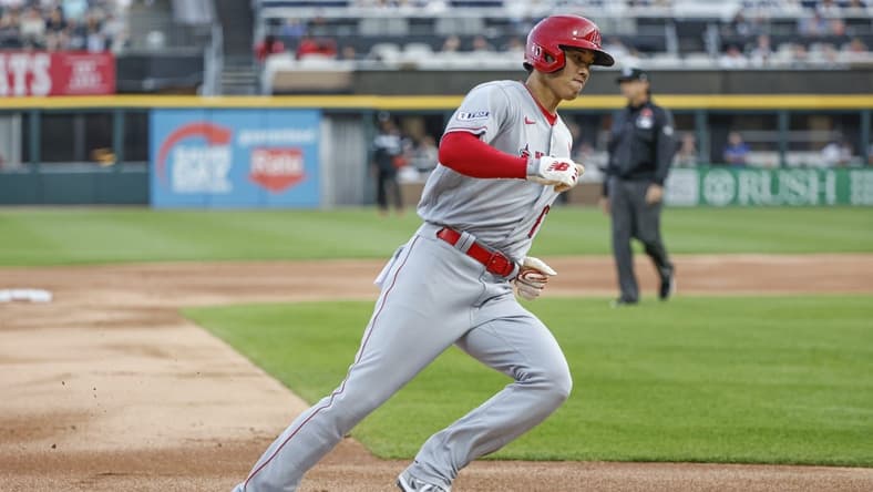 May 29, 2023; Chicago, Illinois, USA; Los Angeles Angels designated hitter Shohei Ohtani (17) runs to score against the Chicago White Sox during the first inning at Guaranteed Rate Field. Mandatory Credit: Kamil Krzaczynski-USA TODAY Sports