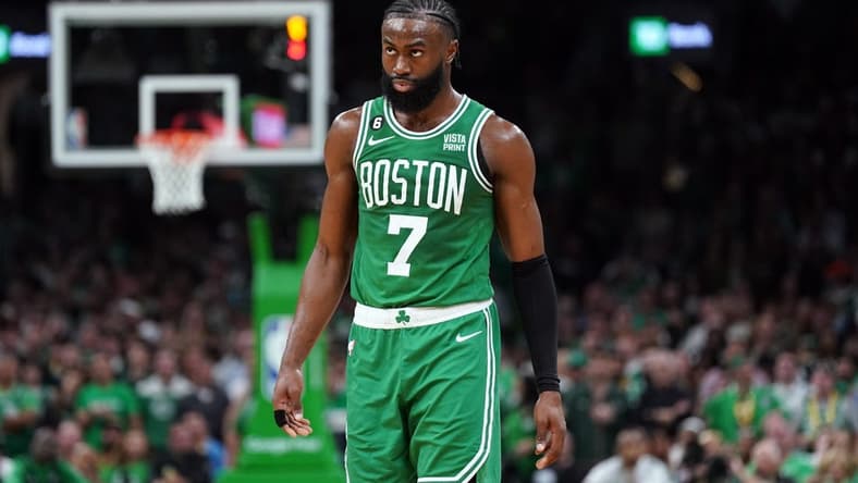 May 29, 2023; Boston, Massachusetts, USA; Boston Celtics guard Jaylen Brown (7) reacts in the second quarter against the Miami Heat during game seven of the Eastern Conference Finals for the 2023 NBA playoffs at TD Garden. Mandatory Credit: David Butler II-USA TODAY Sports