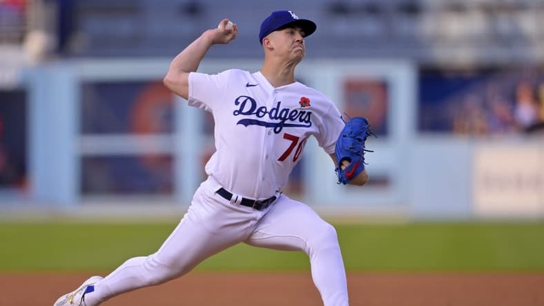 May 29, 2023; Los Angeles, California, USA; Los Angeles Dodgers starting pitcher Bobby Miller (70) throws to the plate in the third inning against the Washington Nationals at Dodger Stadium. Mandatory Credit: Jayne Kamin-Oncea-USA TODAY Sports