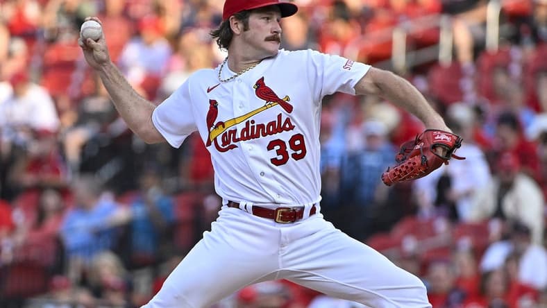 May 30, 2023; St. Louis, Missouri, USA; St. Louis Cardinals starting pitcher Miles Mikolas (39) pitches against the Kansas City Royals during the first inning at Busch Stadium. Mandatory Credit: Jeff Curry-USA TODAY Sports