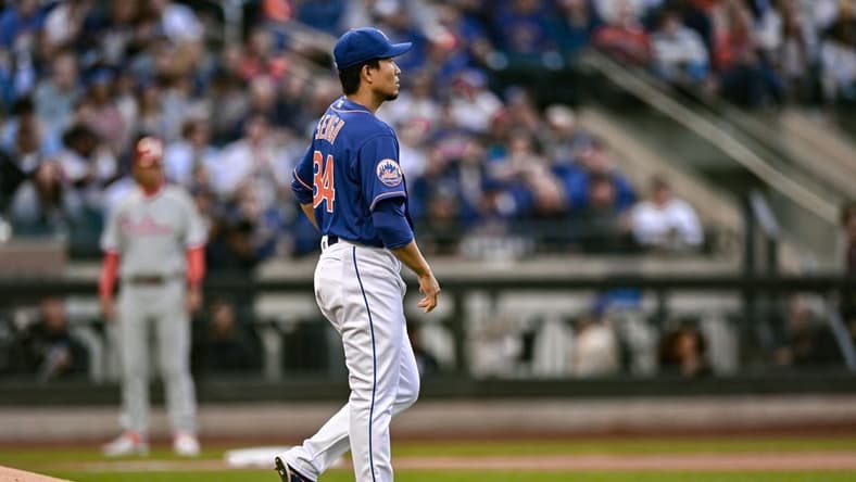 May 30, 2023; New York City, New York, USA; New York Mets starting pitcher Kodai Senga (34) reacts after getting a strike out during the first inning against the Philadelphia Phillies at Citi Field. Mandatory Credit: John Jones-USA TODAY Sports