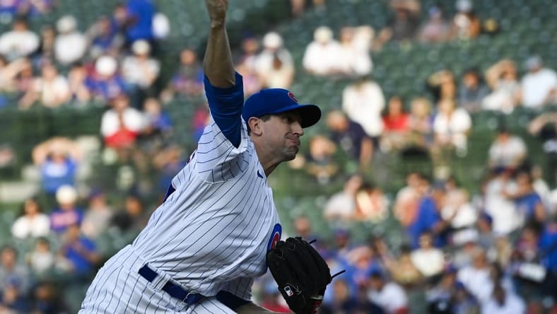 May 30, 2023; Chicago, Illinois, USA; Chicago Cubs starting pitcher Kyle Hendricks (28) delivers against the Tampa Bay Rays during the first inning at Wrigley Field. Mandatory Credit: Matt Marton-USA TODAY Sports