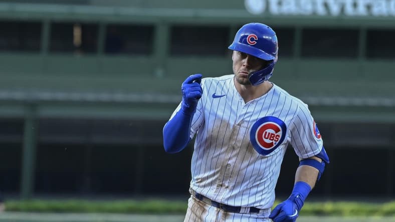 May 30, 2023; Chicago, Illinois, USA; Chicago Cubs second baseman Nico Hoerner (2) after hitting a home run against the Tampa Bay Rays during the first inning at Wrigley Field. Mandatory Credit: Matt Marton-USA TODAY Sports