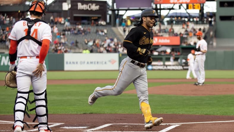 May 30, 2023; San Francisco, California, USA; Pittsburgh Pirates first baseman Connor Joe (2) comes home after hitting a solo home run against the San Francisco Giants during the first inning at Oracle Park. Mandatory Credit: D. Ross Cameron-USA TODAY Sports