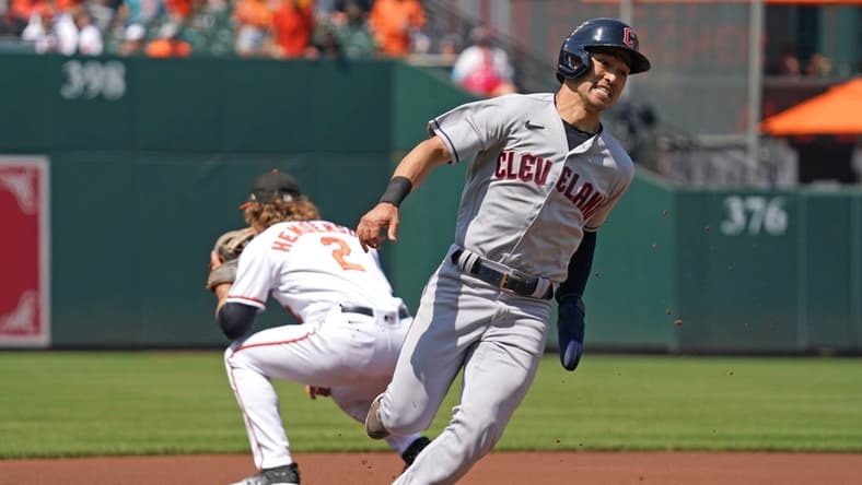 May 31, 2023; Baltimore, Maryland, USA; Cleveland Guardians outfielder Steven Kwan (38) rounds third base in the second inning to score against the Baltimore Orioles at Oriole Park at Camden Yards. Mandatory Credit: Mitch Stringer-USA TODAY Sports