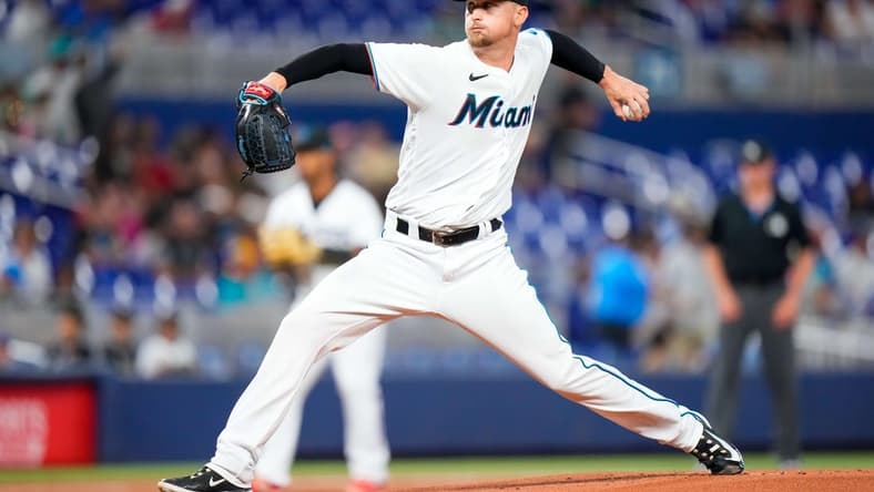May 31, 2023; Miami, Florida, USA; Miami Marlins starting pitcher Braxton Garrett (29) throws a pitch against the San Diego Padres during the first inning at loanDepot Park. Mandatory Credit: Rich Storry-USA TODAY Sports
