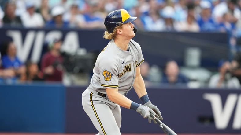 May 31, 2023; Toronto, Ontario, CAN; Milwaukee Brewers center fielder Joey Wiemer (28) reacts after hitting a double against the Toronto Blue Jays during the second inning at Rogers Centre. Mandatory Credit: Nick Turchiaro-USA TODAY Sports