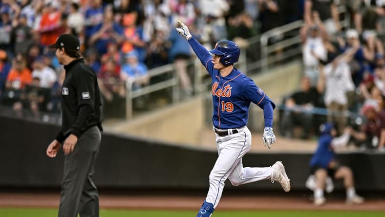 May 31, 2023; New York City, New York, USA; New York Mets left fielder Mark Canha (19) reacts after hitting a two-run home run against the Philadelphia Phillies during the third inning at Citi Field. Mandatory Credit: John Jones-USA TODAY Sports