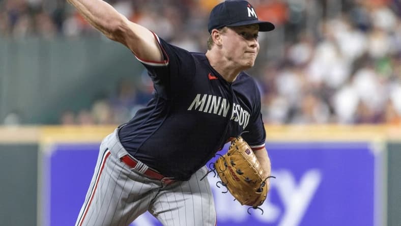 May 31, 2023; Houston, Texas, USA; Minnesota Twins starting pitcher Louie Varland (37) pitches against the Houston Astros in the second inning at Minute Maid Park. Mandatory Credit: Thomas Shea-USA TODAY Sports