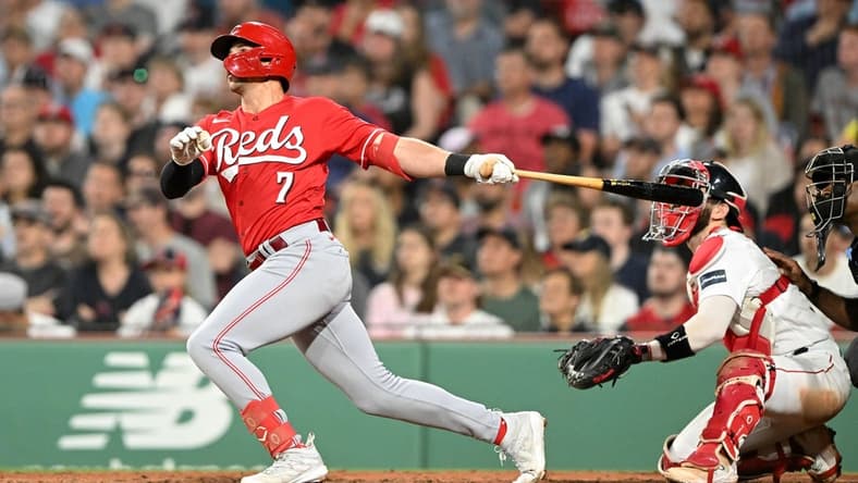 May 31, 2023; Boston, Massachusetts, USA; Cincinnati Reds third baseman Spencer Steer (7) hits a two-run home run against the Boston Red Sox during the seventh inning at Fenway Park. Mandatory Credit: Brian Fluharty-USA TODAY Sports