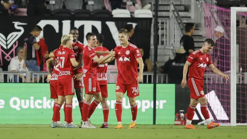 May 31, 2023; Fort Lauderdale, Florida, USA; New York Red Bulls forward Tom Barlow (74) celebrates with teammates after scoring a goal against the Inter Miami in the second half at DRV PNK Stadium. Mandatory Credit: Sam Navarro-USA TODAY Sports