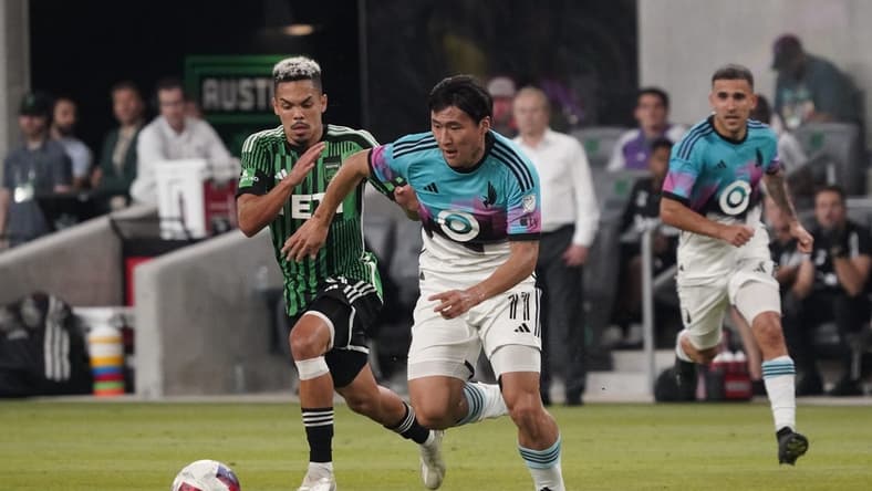 May 31, 2023; Austin, Texas, USA; Austin FC midfielder Daniel Pereira (6) chases after Minnesota United midfielder Sang Bin Jeong  (11) during the second half at Q2 Stadium. Mandatory Credit: Scott Wachter-USA TODAY Sports