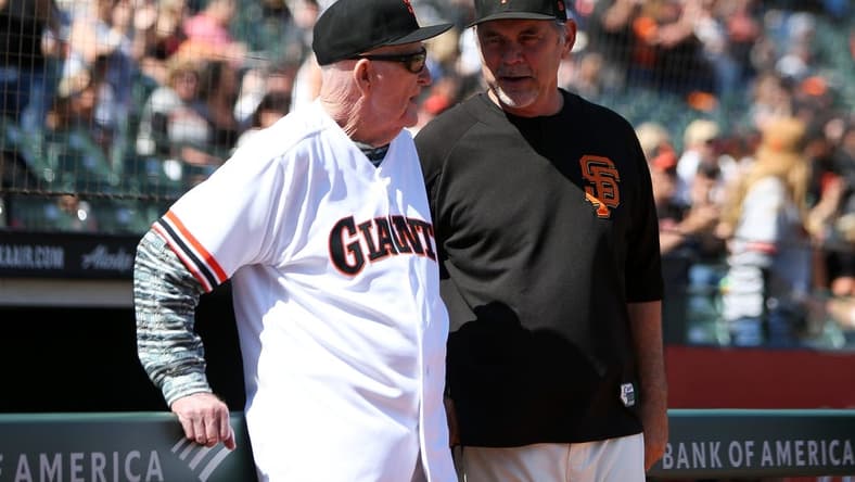 Aug 11, 2019; San Francisco, CA, USA; San Francisco Giants former manager Roger Craig and manager Bruce Bochy (15) during the 1989 team reunion before the game against the Philadelphia Phillies at Oracle Park. Mandatory Credit: Sergio Estrada-USA TODAY Sports