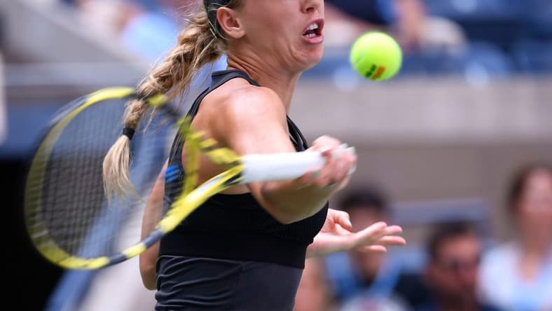 Caroline Wozniacki of Denmark hits to Bianca Andreescu of Canada the third round on day six of the 2019 U.S. Open tennis tournament at USTA Billie Jean King National Tennis Center. Mandatory Credit: Robert Deutsch-USA TODAY Sports