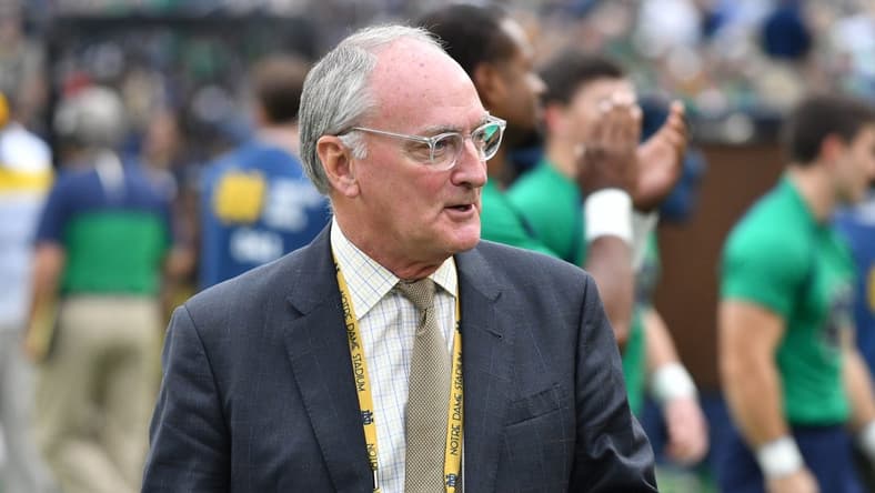 Sep 28, 2019; South Bend, IN, USA; Notre Dame Fighting Irish athletic director Jack Swarbrick walks on the sideline at Notre Dame Stadium during the game between the Notre Dame Fighting Irish and the Virginia Cavaliers. Mandatory Credit: Matt Cashore-USA TODAY Sports