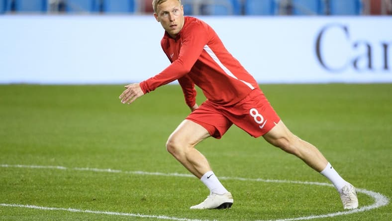 Oct 15, 2019; Toronto, Ontario, CAN; Canada midfielder Scott Arfield (8) warms up before a CONCACAF Nations League soccer match against the USA at BMO Field. Mandatory Credit: Nick Turchiaro-USA TODAY Sports