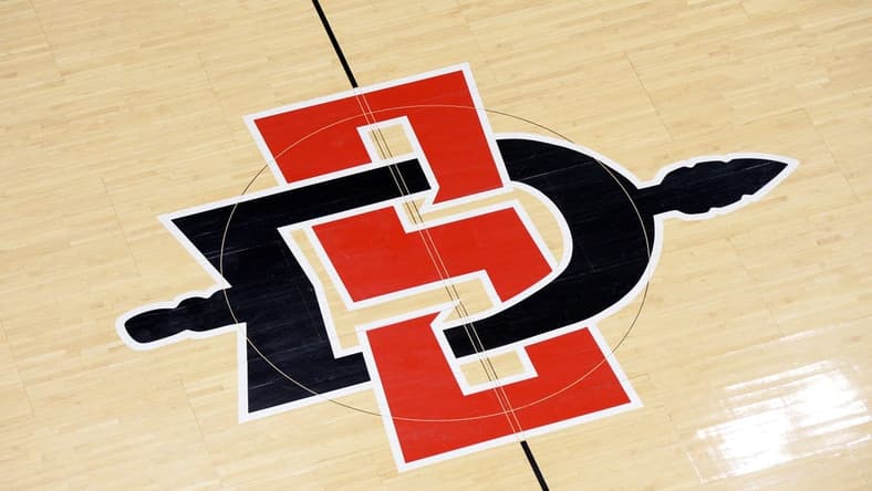 Jan 7, 2021; San Diego, California, USA; A detailed view of the San Diego State Aztecs logo at mid court before the game against the Nevada Wolf Pack at Viejas Arena. Mandatory Credit: Orlando Ramirez-USA TODAY Sports