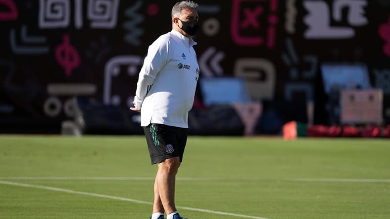 Jul 2, 2021; Los Angeles, CA, USA; Mexico national team coach Tata Martino aka Gerardo Martino wears a face mask at training session at the Los Angeles Memorial Coliusem prior to a MexTour match against Nigeria. Mandatory Credit: Kirby Lee-USA TODAY Sports