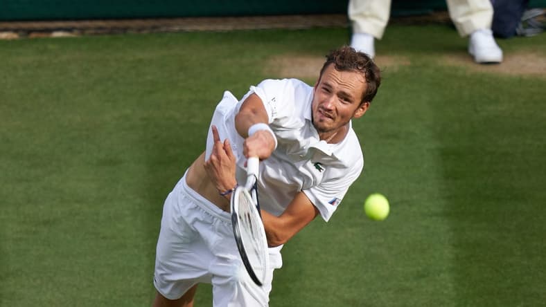 Jul 3, 2021; London, United Kingdom;  Daniil Medvedev (RUS) plays Marin Cilic (CRO) on No 1 court in the men   s third round at All England Lawn Tennis and Croquet Club. Mandatory Credit: Peter van den Berg-USA TODAY Sports