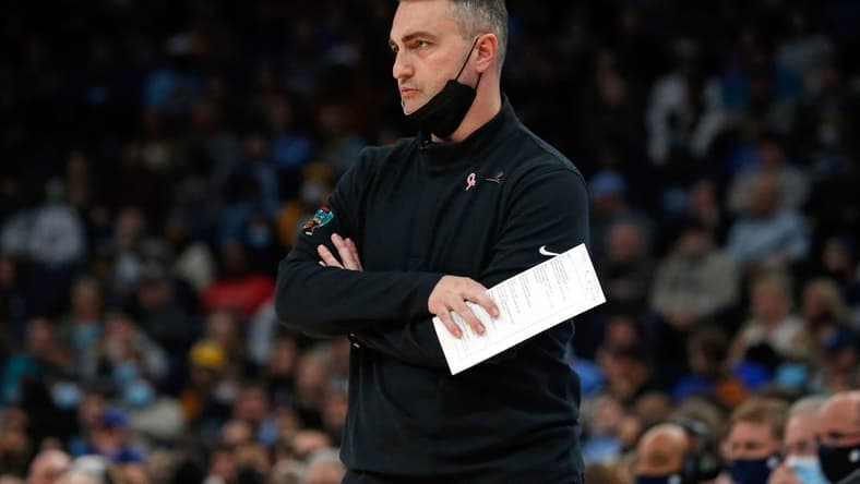 Jan 14, 2022; Memphis, Tennessee, USA; Memphis Grizzles acting head coach Darko Rajakovic watches during the first half against the Dallas Mavericks at FedExForum. Mandatory Credit: Petre Thomas-USA TODAY Sports
