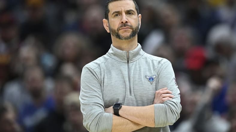 Mar 2, 2022; Cleveland, Ohio, USA; Charlotte Hornets head coach James Borrego reacts in the third quarter against the Cleveland Cavaliers at Rocket Mortgage FieldHouse. Mandatory Credit: David Richard-USA TODAY Sports