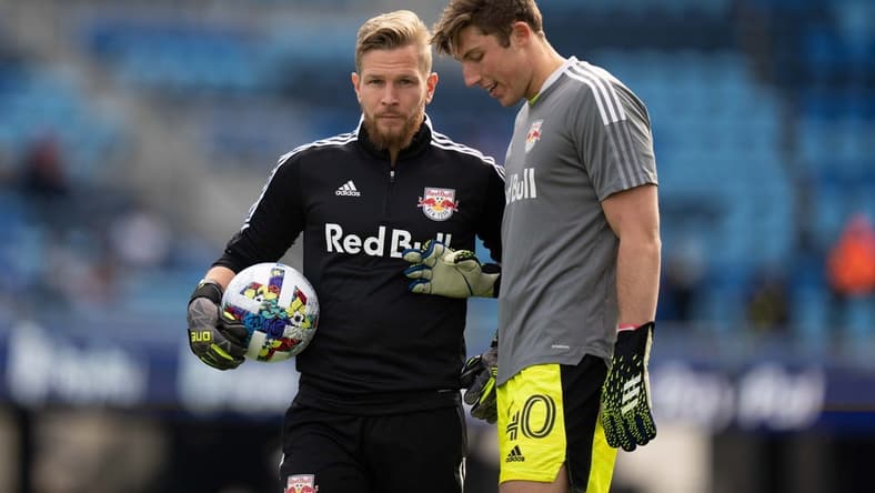 February 26, 2022; San Jose, California, USA; New York Red Bulls goalkeeper coach Jyri Nieminen (left) and goalkeeper A.J. Marcucci (40) before the game against the San Jose Earthquakes at PayPal Park. Mandatory Credit: Kyle Terada-USA TODAY Sports