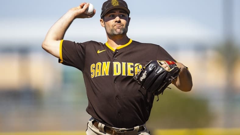 Mar 15, 2022; Peoria, AZ, USA; San Diego Padres pitcher Matt Waldron during spring training workouts at the San Diego Padres Spring Training Complex. Mandatory Credit: Mark J. Rebilas-USA TODAY Sports