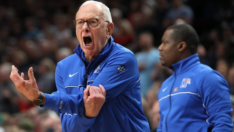 Memphis Tigers Assistant Coach Larry Brown yells out to his team as they take on the Gonzaga Bulldogs in their second round NCAA Tournament matchup on Saturday, March 19, 2022 at the Moda Center in Portland, Ore.

Jrca3748