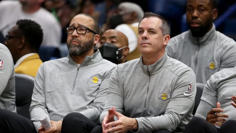 Mar 27, 2022; New Orleans, Louisiana, USA; Los Angeles Lakers head coach Frank Vogel, right, with assistant coach David Fizdale in the second half against the New Orleans Pelicans at the Smoothie King Center. The Pelicans won, 116-108. Mandatory Credit: Chuck Cook-USA TODAY Sports