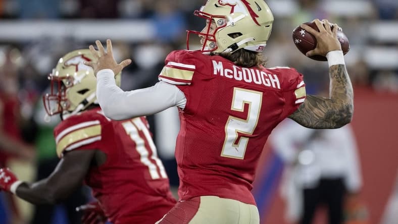 May 7, 2022; Birmingham, AL, USA; Birmingham Stallions quarterback Alex McGough (2) throws against the Tampa Bay Bandits during the second half at Protective Stadium. Mandatory Credit: Vasha Hunt-USA TODAY Sports