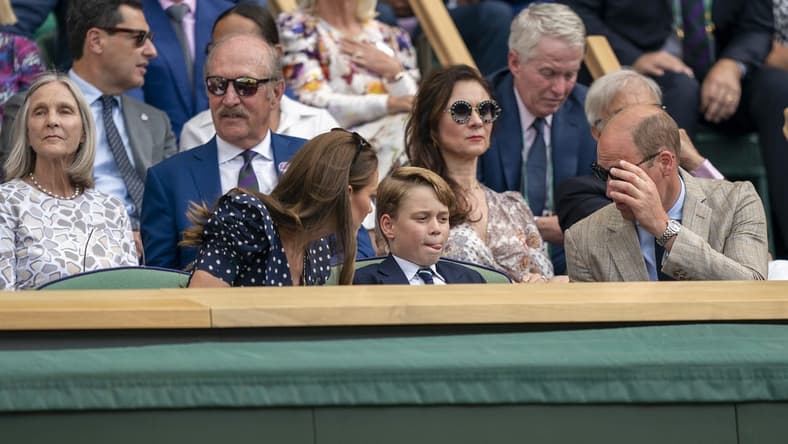 Jul 10, 2022; London, United Kingdom; HRH The Duke and HRH The Duchess of Cambridge with HRH Prince George of Cambridge in attendance for the Novak Djokovic (SRB) and Nick Kyrgios (AUS) men s final on day 14 at All England Lawn Tennis and Croquet Club. Mandatory Credit: Susan Mullane-USA TODAY Sports