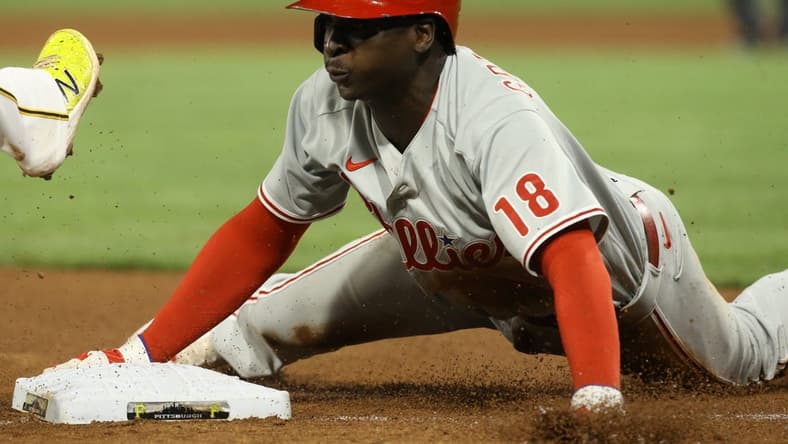 Jul 30, 2022; Pittsburgh, Pennsylvania, USA; Philadelphia Phillies shortstop Didi Gregorius (18) is safe at third base on a fields choice play during the tenth inning at PNC Park. The Phillies won 2-1 in 10 innings. Mandatory Credit: Charles LeClaire-USA TODAY Sports