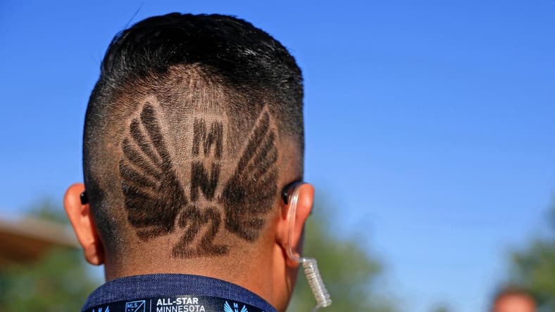Aug 10, 2022; Saint Paul, MN, USA; A detail view of a Minnesota United logo haircut before the 2022 MLS All-Star Game at Allianz Field. Mandatory Credit: Aaron Doster-USA TODAY Sports