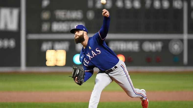 Sep 2, 2022; Boston, Massachusetts, USA; Texas Rangers starting pitcher Dallas Keuchel (60) pitches against the Boston Red Sox during the first inning at Fenway Park. Mandatory Credit: Brian Fluharty-USA TODAY Sports