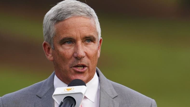 Sep 25, 2022; Charlotte, North Carolina, USA; PGA Tour commissioner Jay Monahan talks during the singles match play of the Presidents Cup golf tournament at Quail Hollow Club. Mandatory Credit: Peter Casey-USA TODAY Sports
