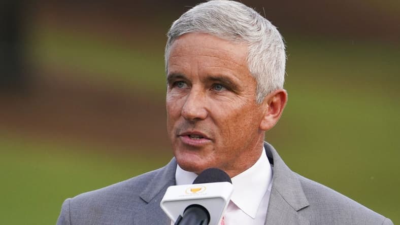 Sep 25, 2022; Charlotte, North Carolina, USA; PGA Tour commissioner Jay Monahan talks during the singles match play of the Presidents Cup golf tournament at Quail Hollow Club. Mandatory Credit: Peter Casey-USA TODAY Sports