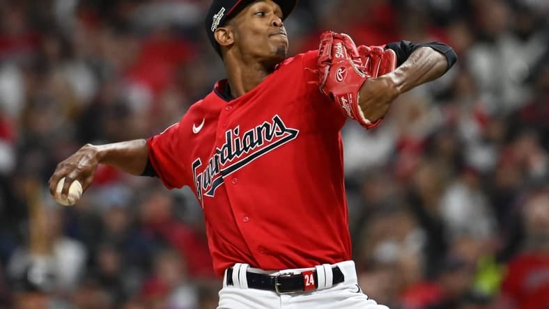 Oct 15, 2022; Cleveland, Ohio, USA; Cleveland Guardians starting pitcher Triston McKenzie (24) throws a pitch against the New York Yankees in the first inning during game three of the NLDS for the 2022 MLB Playoffs at Progressive Field. Mandatory Credit: Ken Blaze-USA TODAY Sports
