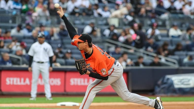 Oct 1, 2022; Bronx, New York, USA; Baltimore Orioles pitcher Spenser Watkins (80) at Yankee Stadium. Mandatory Credit: Wendell Cruz-USA TODAY Sports