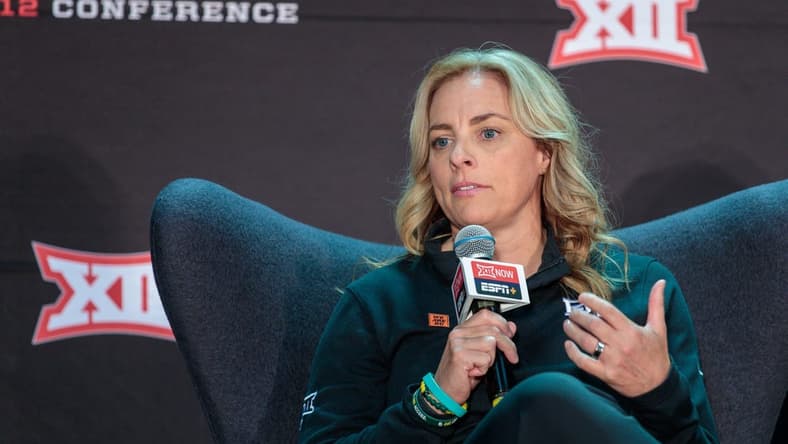 Oct 18, 2022; Kansas City, Missouri, US; Baylor coach Nicki Collen being interviewed during the womens Big 12 Basketball Tipoff event at the T-Mobile Center. Mandatory Credit: William Purnell-USA TODAY Sports