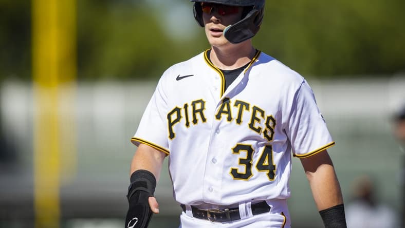 Oct 26, 2022; Surprise, Arizona, USA; Pittsburgh Pirates catcher Henry Davis plays for the Surprise Saguaros during an Arizona Fall League baseball game at Surprise Stadium. Mandatory Credit: Mark J. Rebilas-USA TODAY Sports