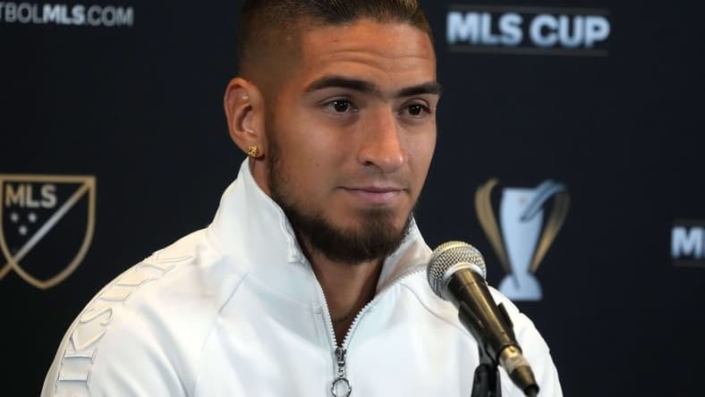 Nov 3, 2022; Los Angeles, California, US; LAFC forward Cristian Arango speaks at MLS Cup Media Day at InterContinental Los Angeles Downtown. Mandatory Credit: Kirby Lee-USA TODAY Sports