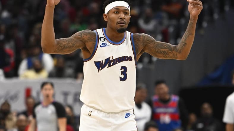Nov 18, 2022; Washington, District of Columbia, USA; Washington Wizards guard Bradley Beal (3) reacts against the Miami Heat during the second half at Capital One Arena. Mandatory Credit: Brad Mills-USA TODAY Sports