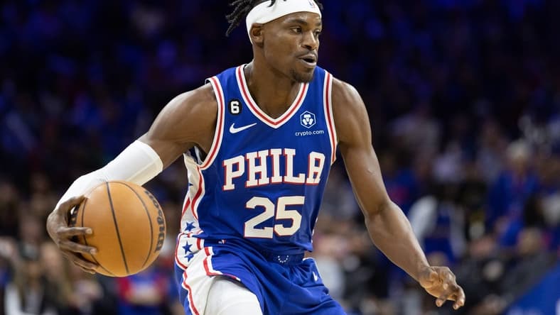 Nov 28, 2022; Philadelphia, Pennsylvania, USA; Philadelphia 76ers forward Danuel House Jr. (25) dribbles the ball against the Atlanta Hawks during the third quarter at Wells Fargo Center. Mandatory Credit: Bill Streicher-USA TODAY Sports